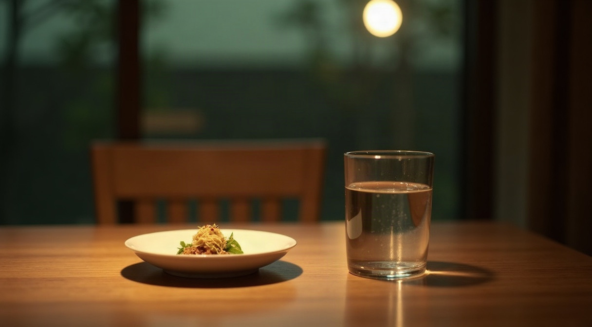 夕方の食卓。木のテーブルに水の入ったグラスと、小さな料理をのせた白い皿が置かれ、奥に暖色の灯りがともっている。
