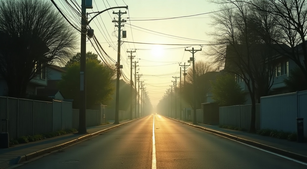 早朝の住宅街の道路。低い位置から差す朝日が路面に長い影をつくり、空は開けている。